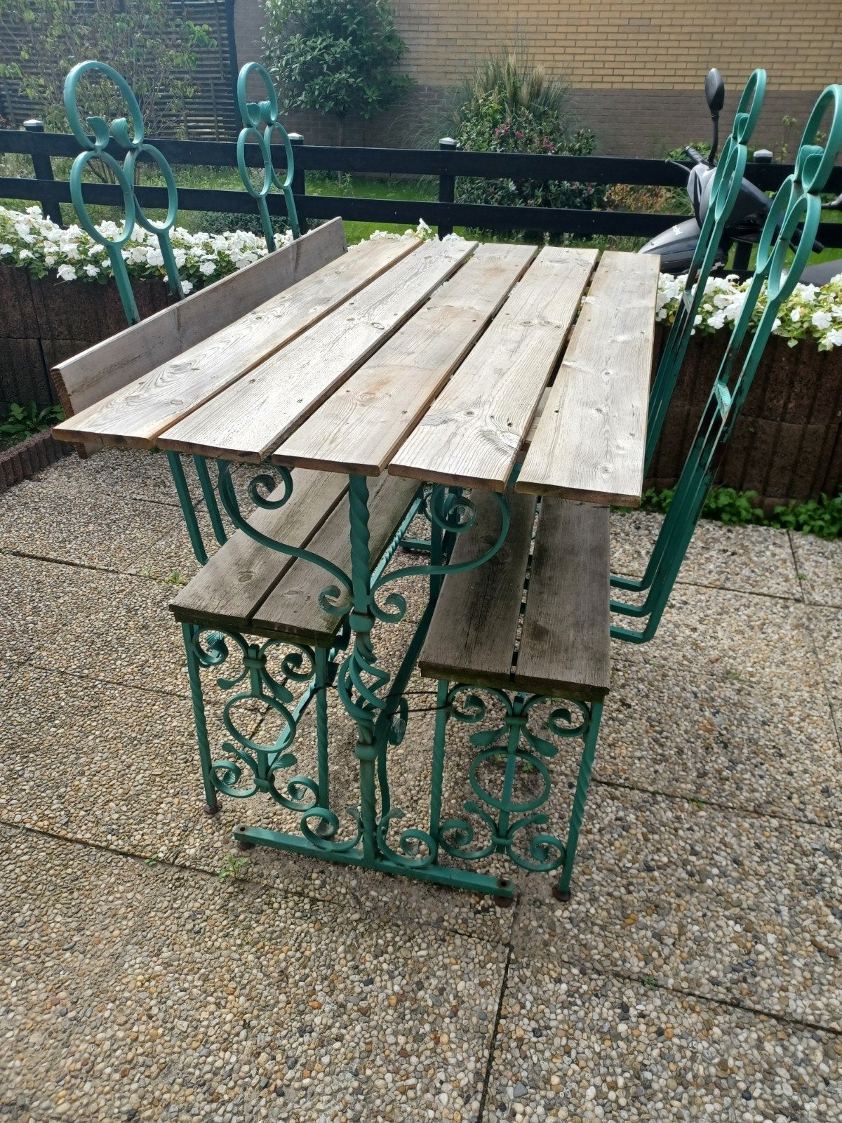 Vintage smeedijzeren tuinset met houten planken, Tuin en Terras, Ophalen, Gebruikt, Bank, Tuinset