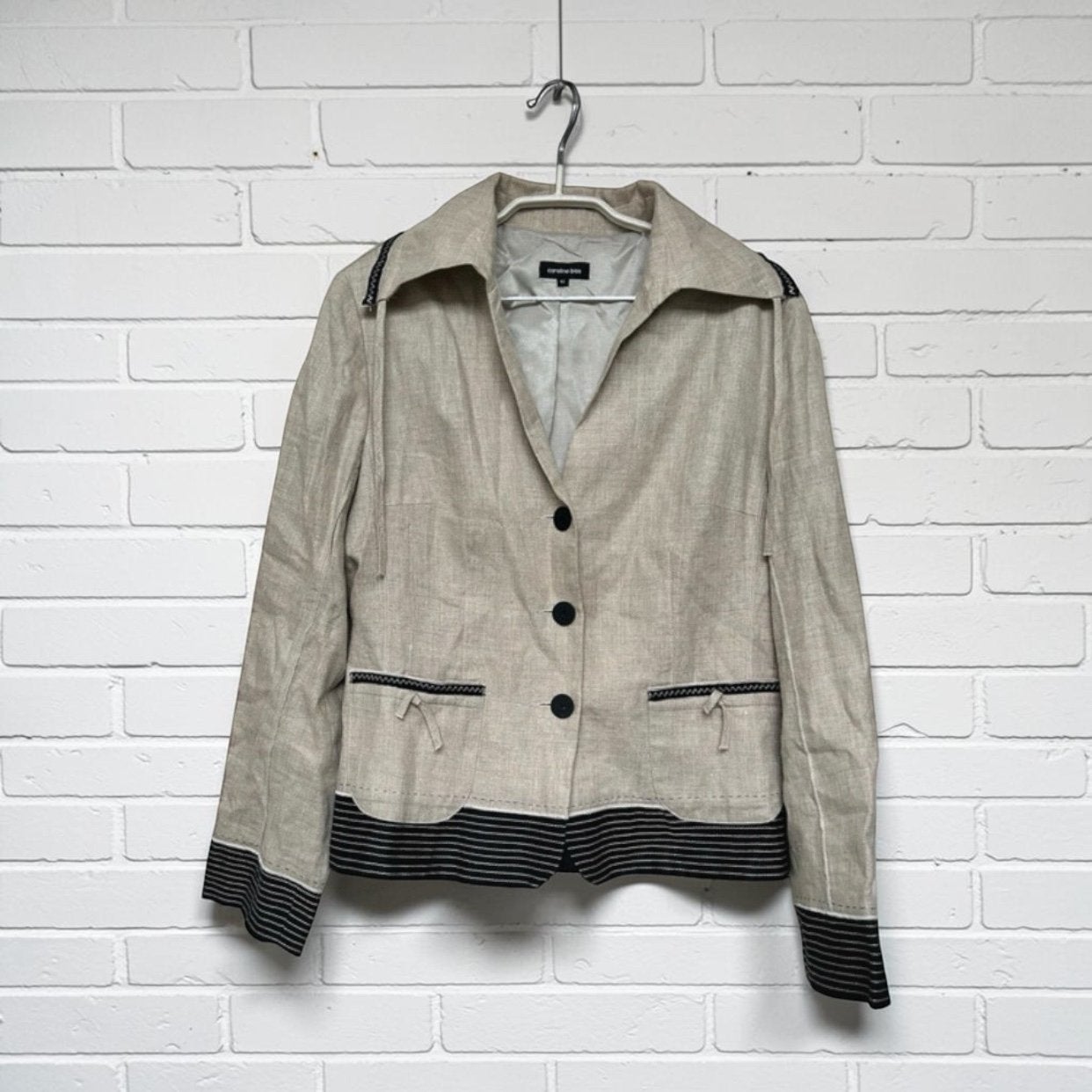 Caroline Biss Blazer Maat 42 Beige Zwart Sjiek Linnen, Cb, Verzenden, Beige, Maat 42/44 (L)