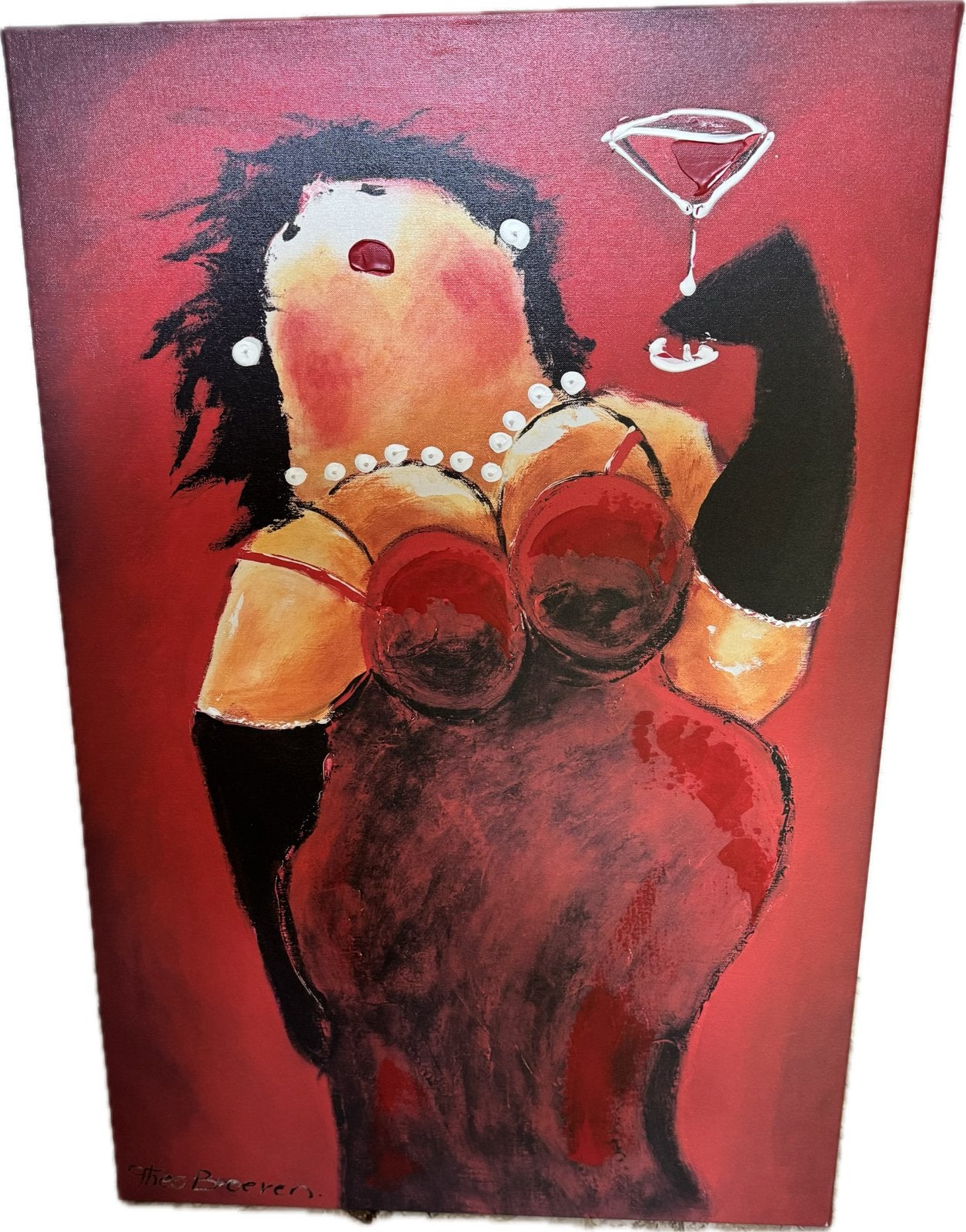 Theo Broersen - Vrouw met cocktail (60x90 cm), Ophalen, Figuren, Textiel, Gesigneerd