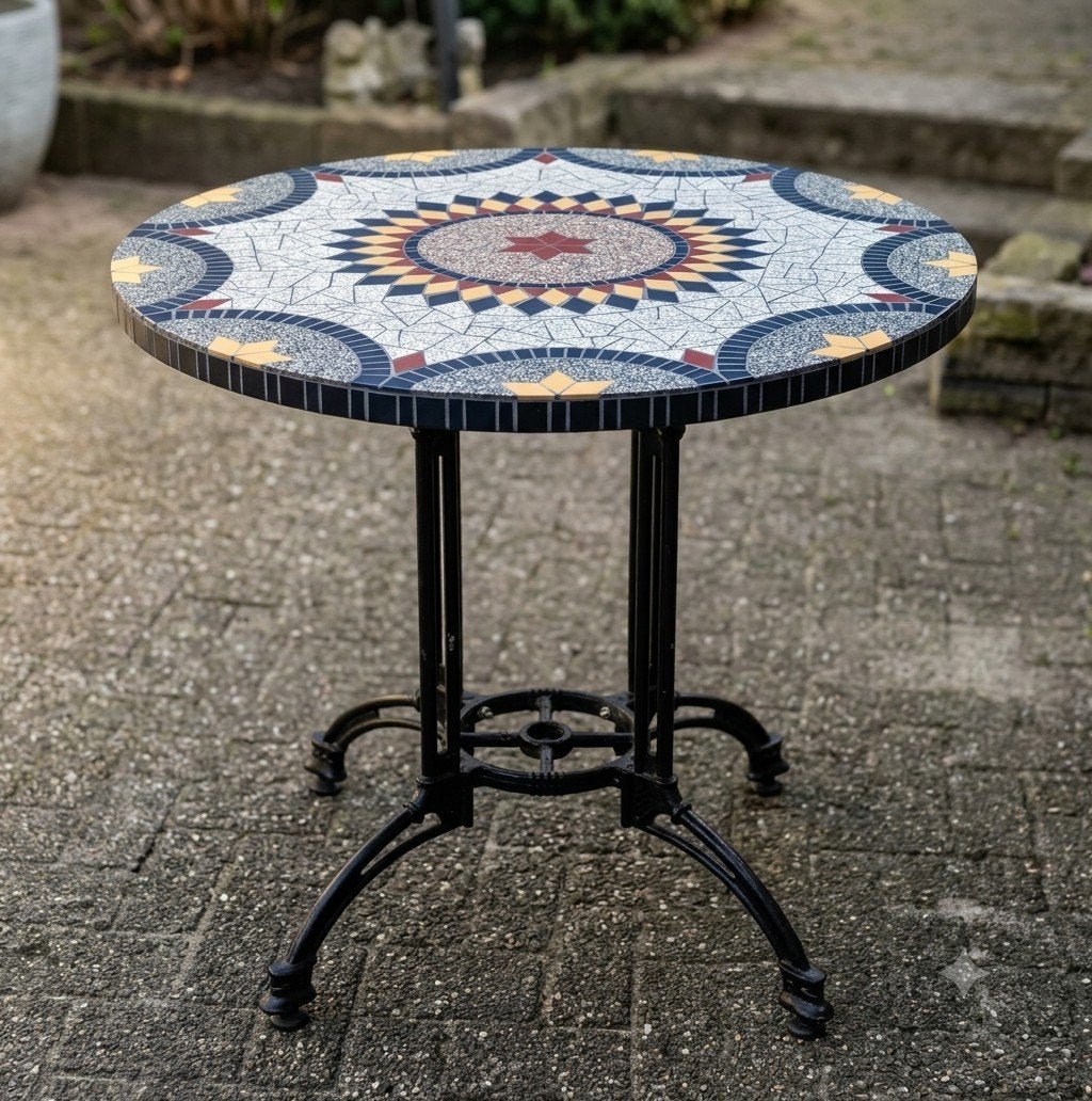 Ronde mozaïek tuintafel - okergeel, steenrood, antraciet, Tuin en Terras, Ophalen