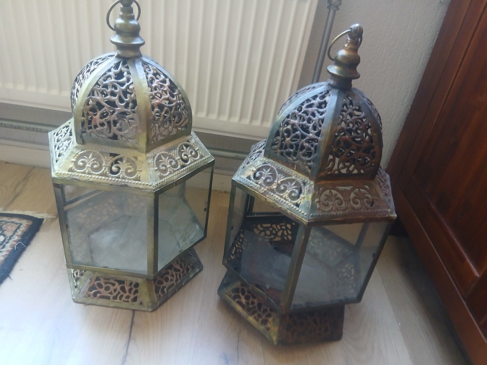 Set van twee decoratieve lantaarns, messing look, Ophalen, Gebruikt