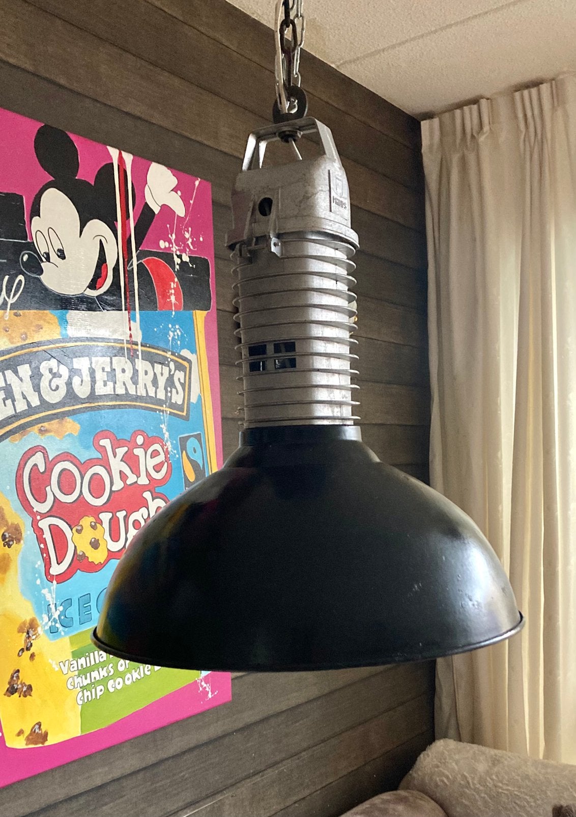Jaren 50 fabriekslamp Philips metaal emaille aluminium., Ophalen, Vintage Retro Antiek Industrieel, E27 (groot), Zo goed als nieuw