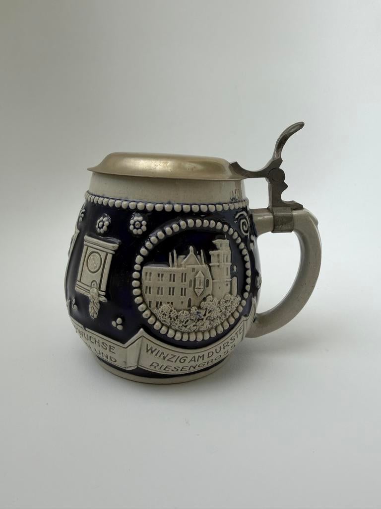 Vintage Duitse Bierpul met Tin Deksel - Heidelberg Souvenir, Antiek en Kunst, Ophalen of Verzenden