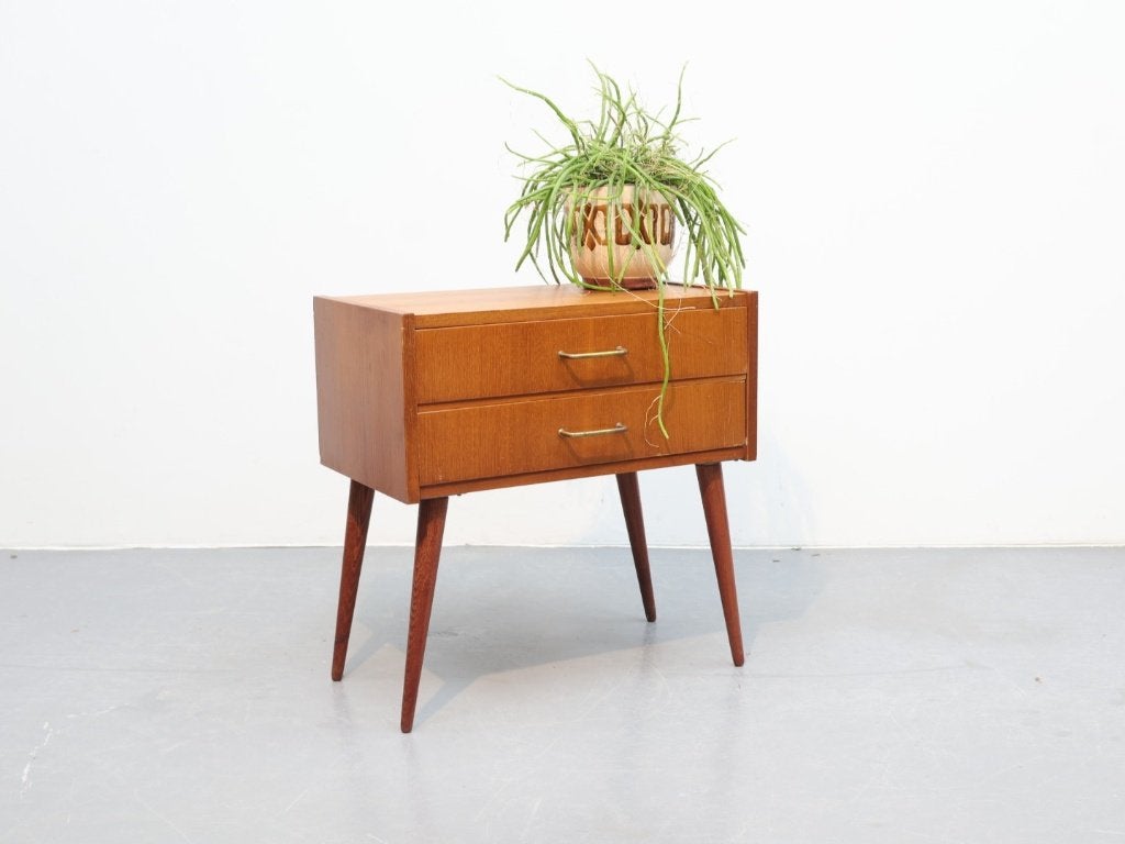 Vintage nachtkastje 2 lades jaren `60, Ophalen, Gebruikt, Minder dan 55 cm, Hout