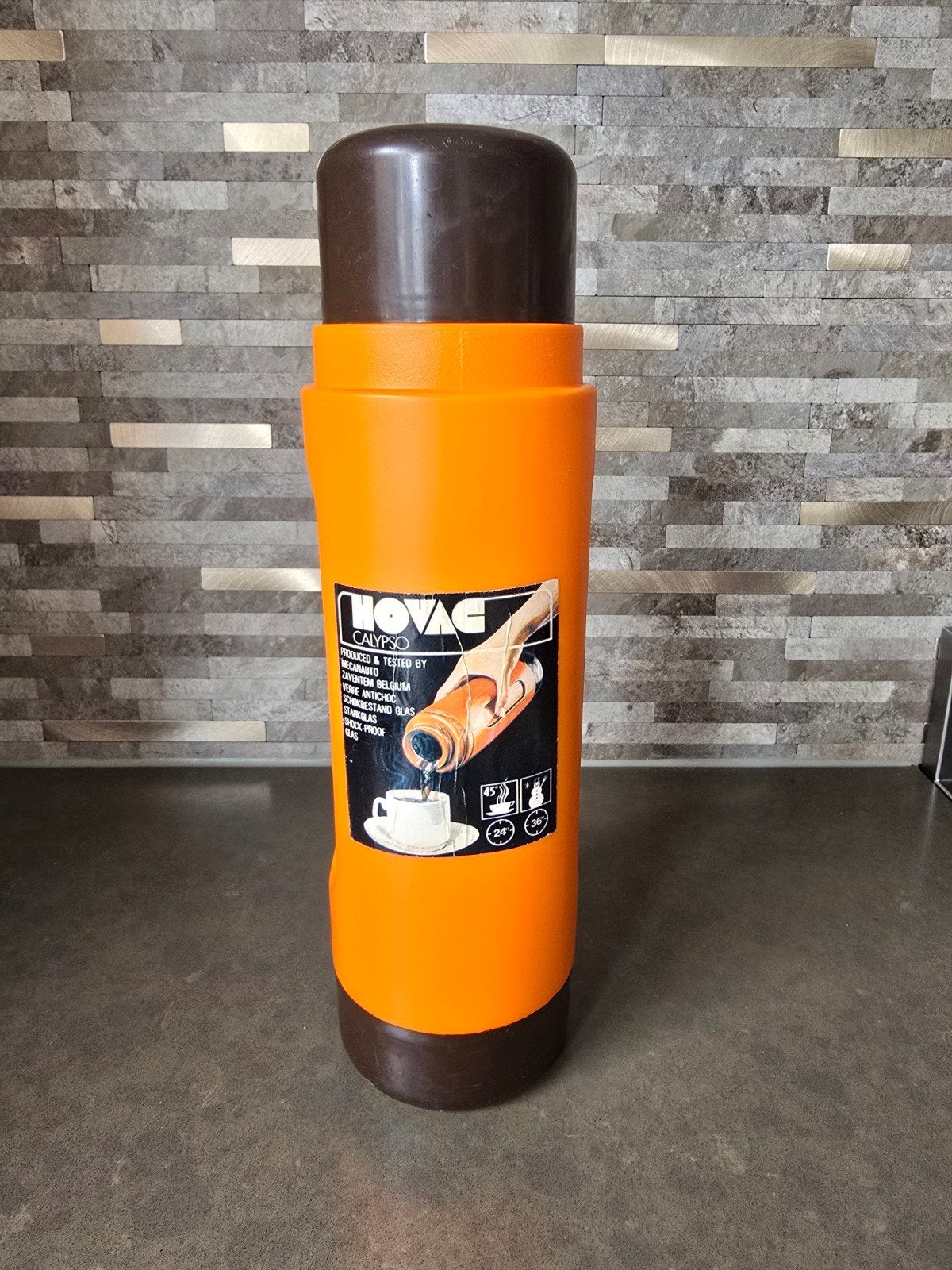Vintage NOVAC Calypso thermosfles oranje bruin, Ophalen of Verzenden, Huis en Inrichting