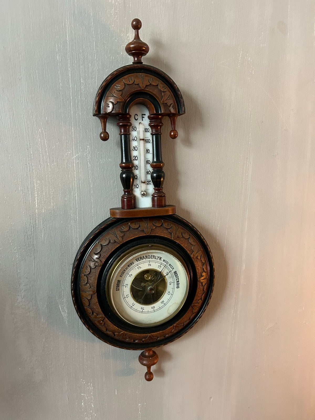 Antieke Barometer met Thermometer - Houtsnijwerk, Ophalen, Gebruikt, Barometer