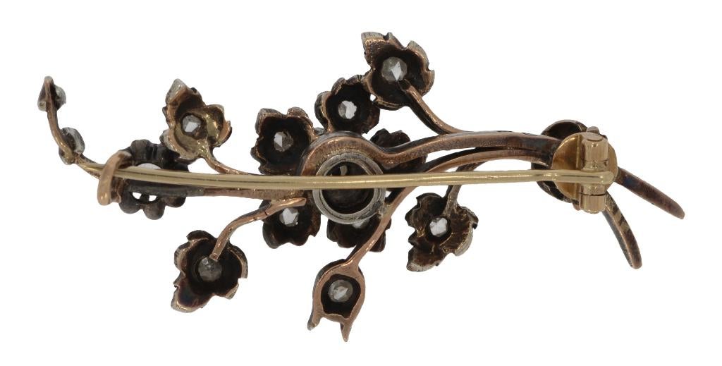 Fraaie bloem tak broche 12 diamanten 14k goud zilver dames, Verzenden, Goud, Broche, Met edelsteen