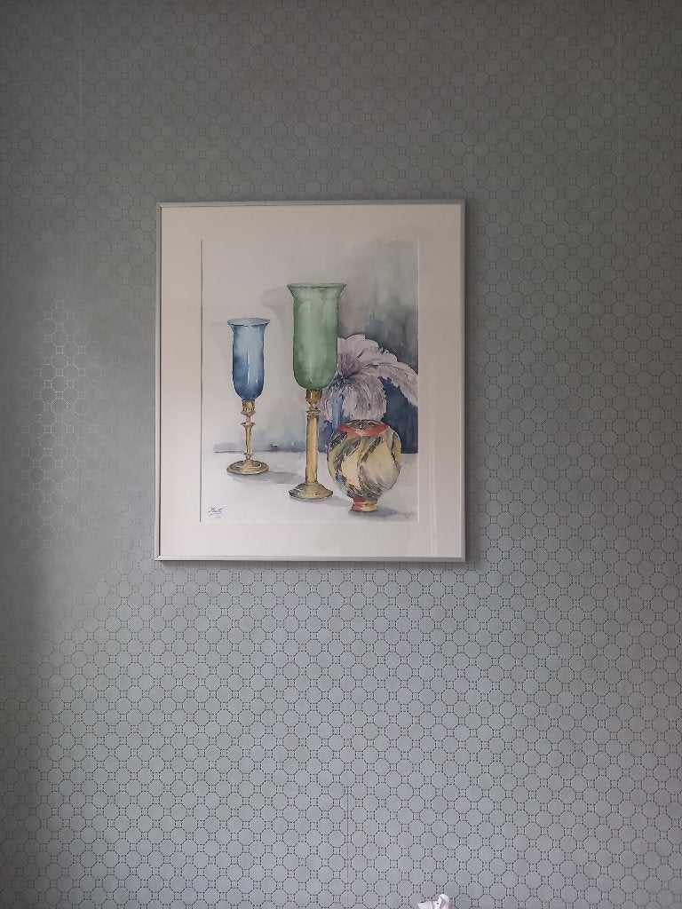 Aquarel schilderij met fraaie aluminium lijst, Ophalen, Doek, Achter glas, Stilleven