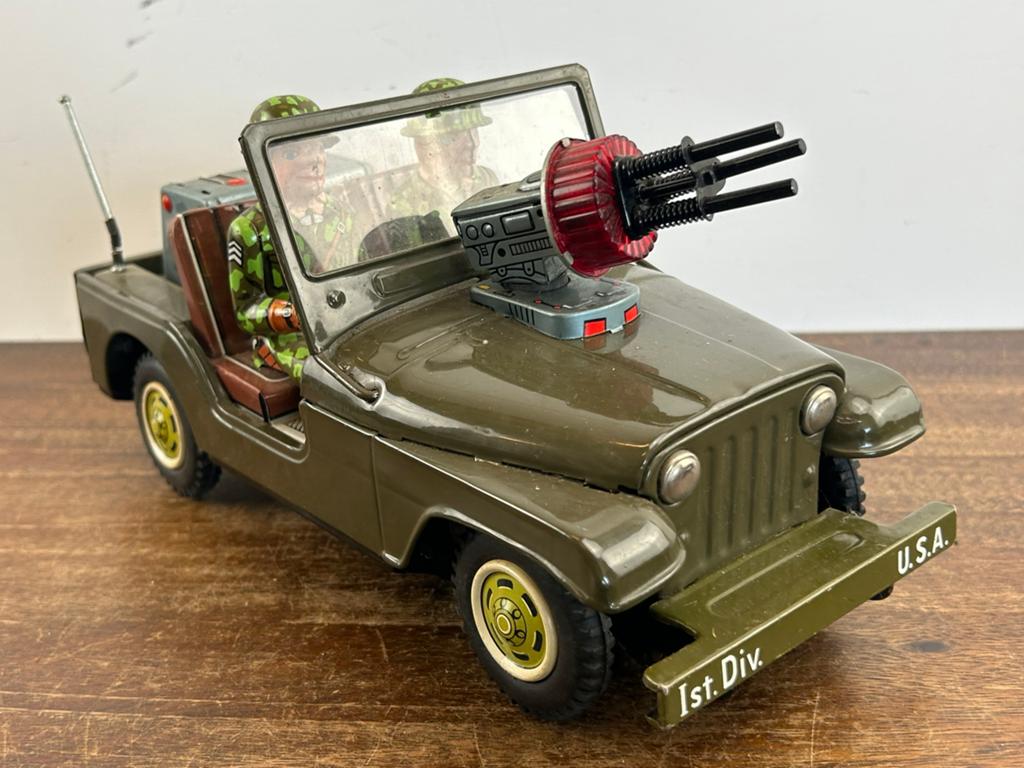 TN Nomura Blikken Army Jeep USA 1st Division made in Japan, Antiek en Kunst, Antiek | Speelgoed, Ophalen of Verzenden