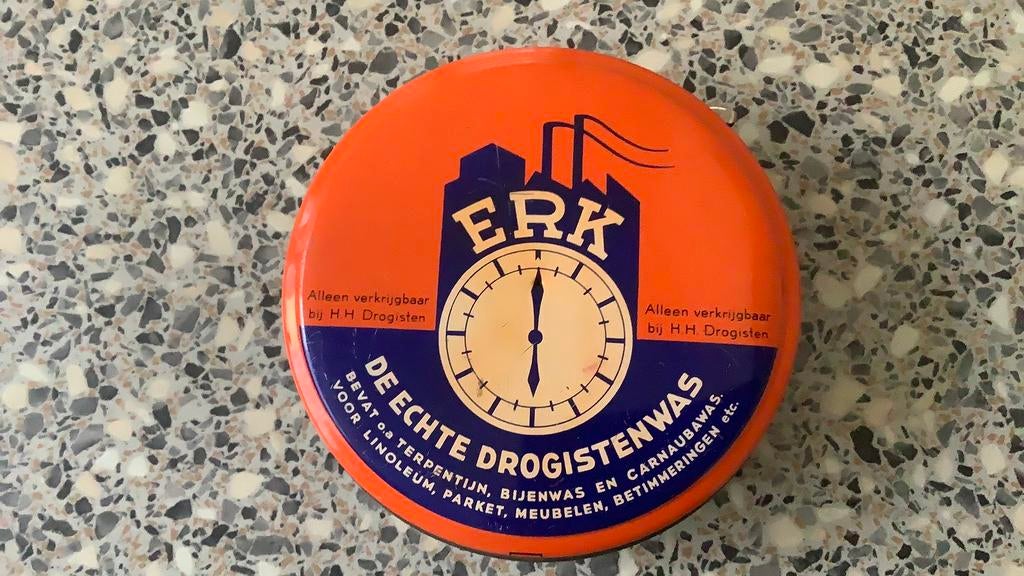 Oud blikje van Erk de echte drogisten  boenwas, Verzamelen, Ophalen, Gebruikt, Overige merken