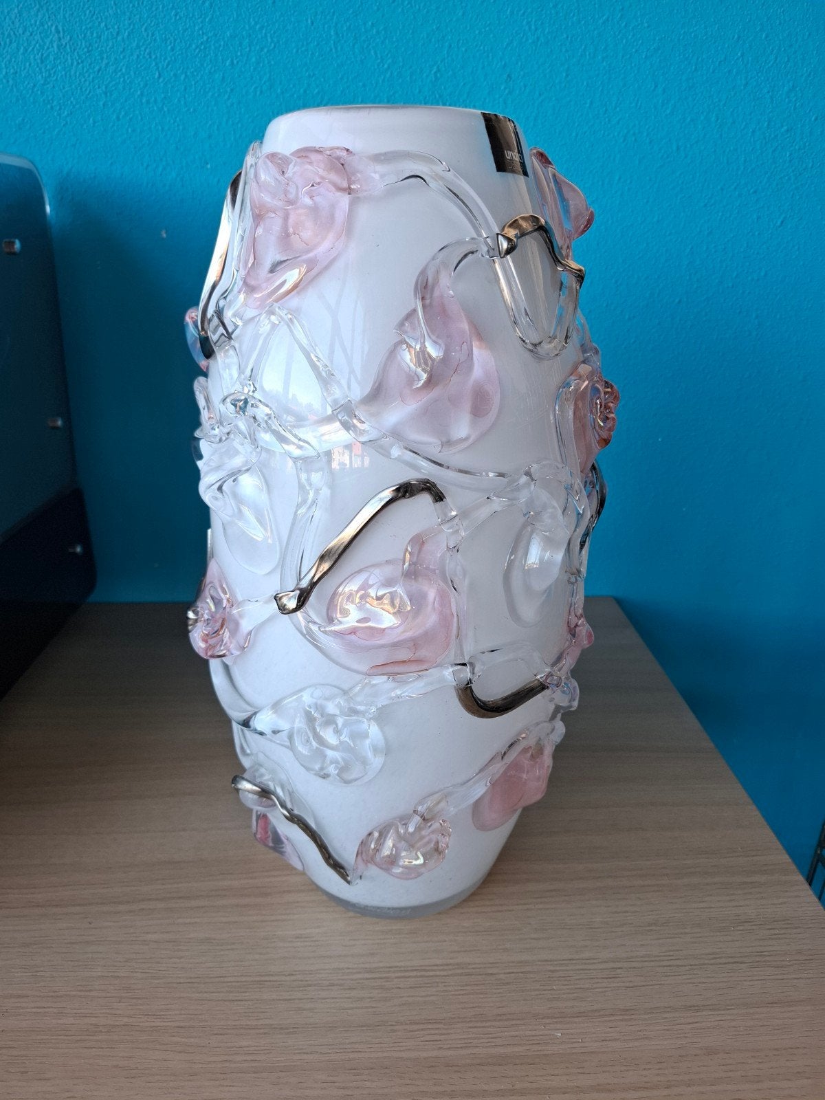 Undici Design Murano glazen vaas  roze en zilveren details, Ophalen