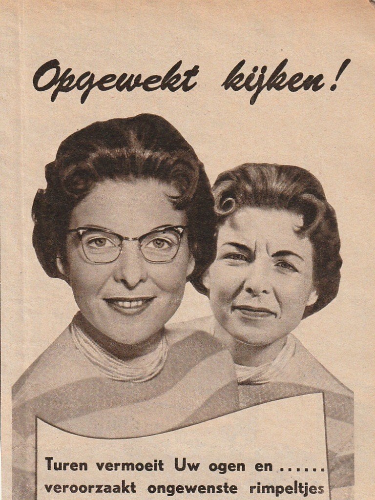 Retro reclame 1957 Opticiën brillen opgewekt kijken, Verzamelen, Verzenden, Overige typen