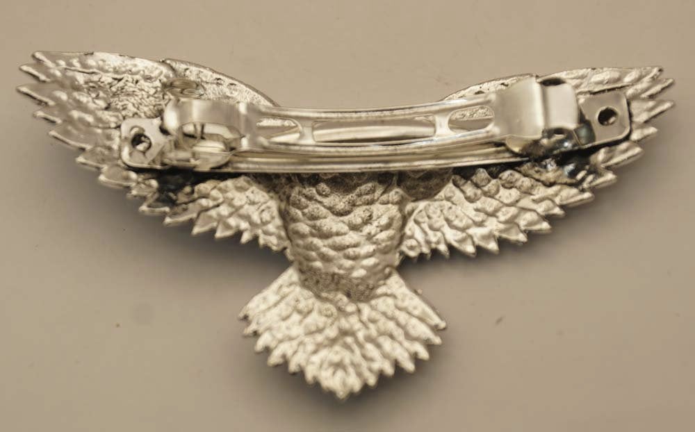 Metalen haarclip zilverkleurig uil met keltische tekens, Importeur :  Riemen bretels, Marktplaats@riemen-bretels.nl, Haarspeld