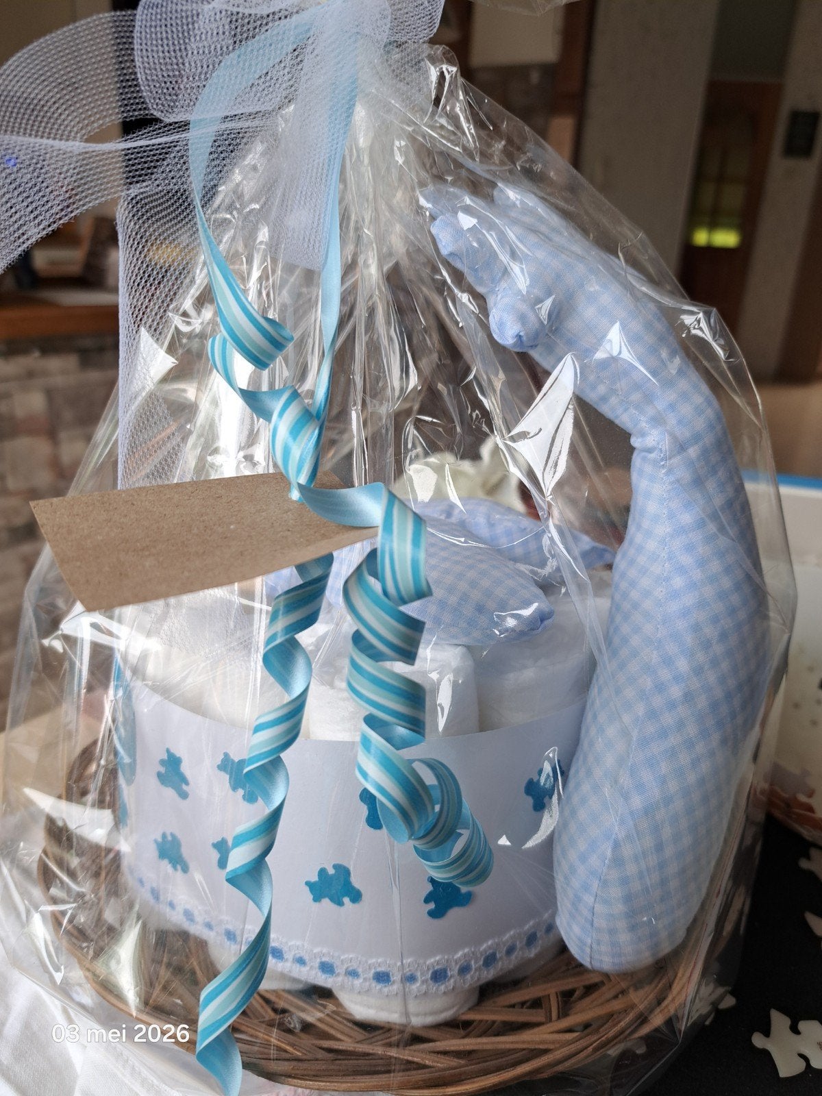 Kraamcadeau: Luiertaart met Giraffe Knuffel (Blauw), Ophalen of Verzenden, Nieuw, Kraamcadeau