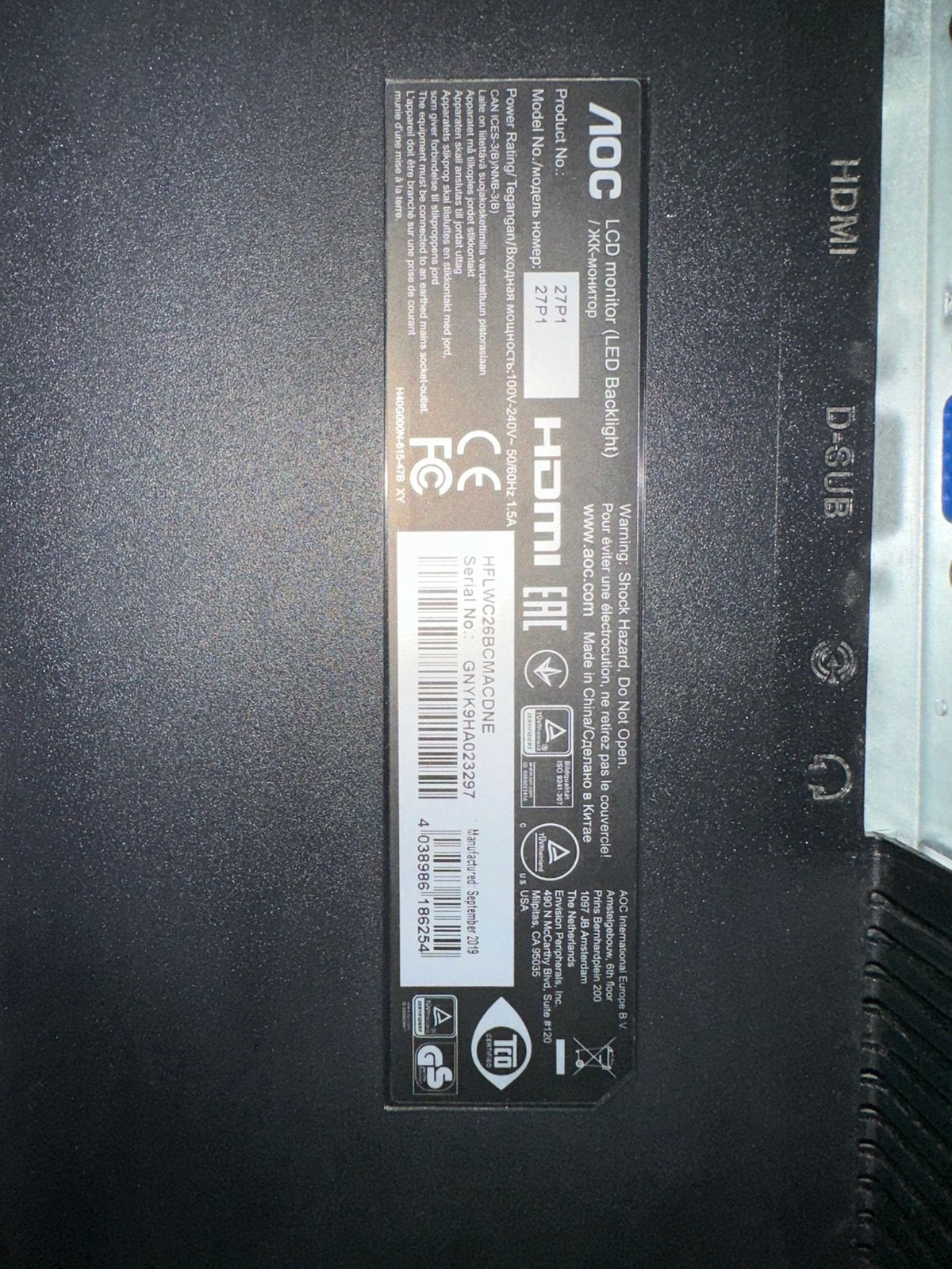 Foto 5 van AOC 27P1 Monitor - 1080p, 60 hz, 27”