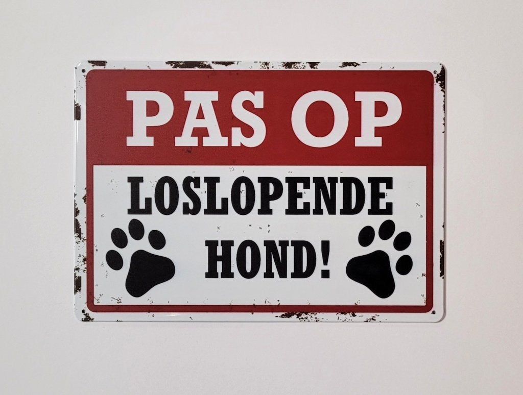 Pas op! Loslopende hond reclamebord van metaal wandbord deco, Info@deconoord.nl, Deco Noord, Nieuw, Ophalen of Verzenden