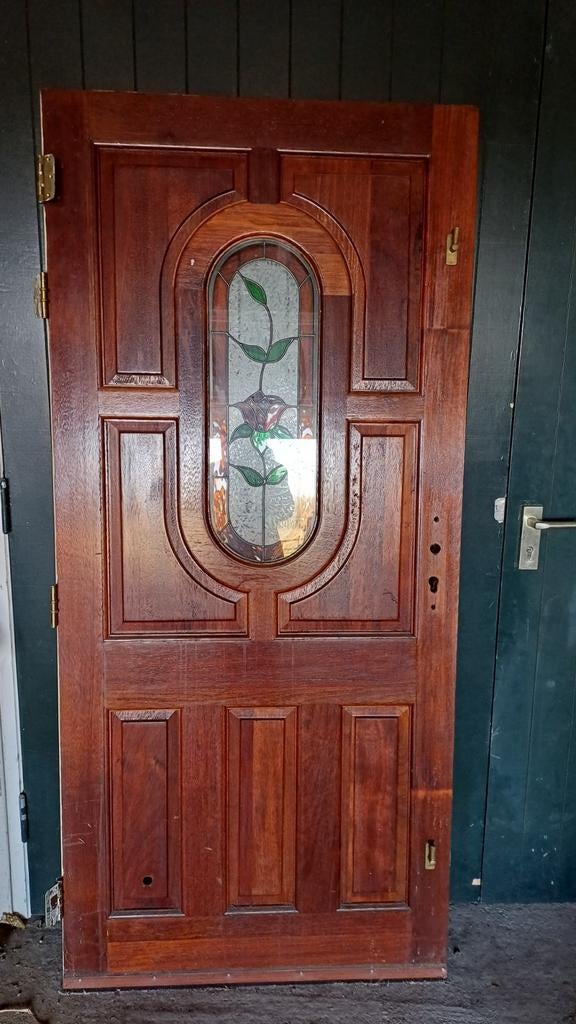 Massieve houten buitendeur met glas-in-lood, Ophalen, Gebruikt, 80 tot 100 cm, Buitendeur