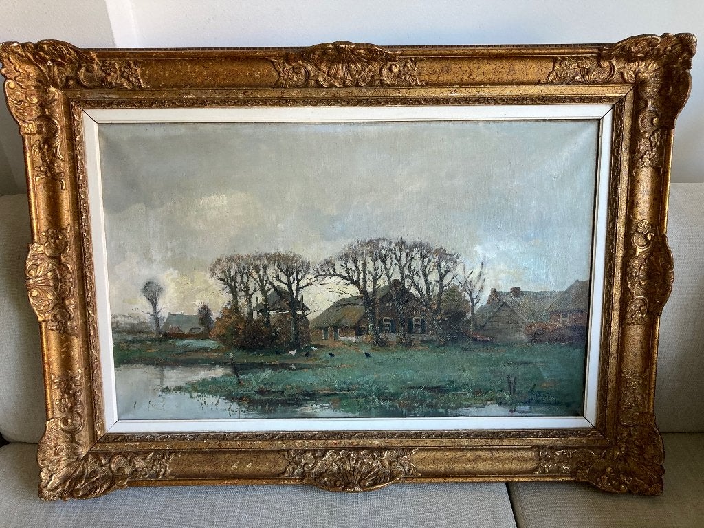 Groot werk W.A. Knip Boerderij in landschap olieverf doek, Ophalen, Overige stijlen, Doek, Olieverf
