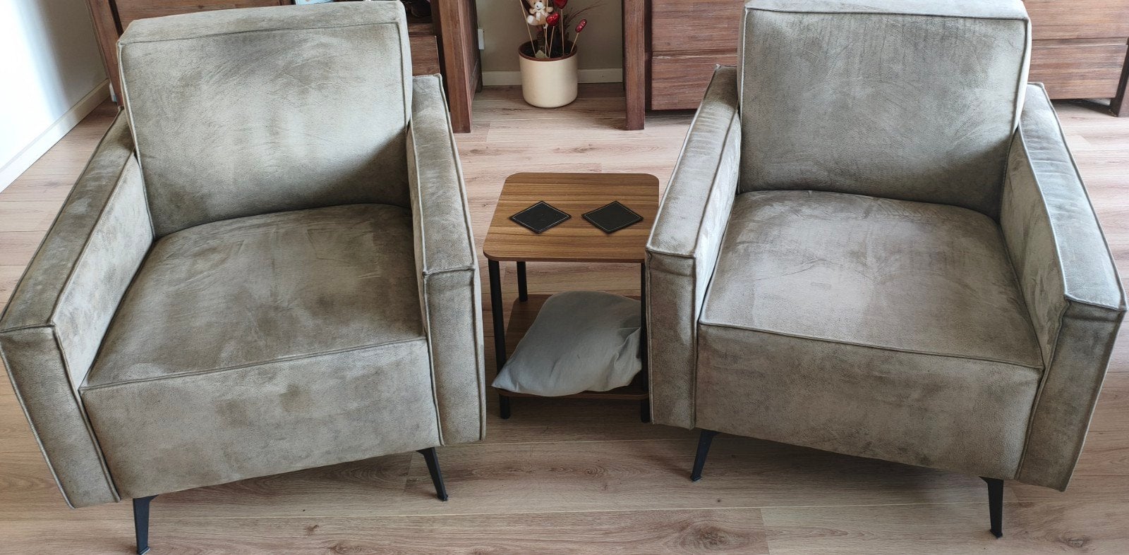 Montèl microleder zithoek – 2 fauteuils + 2-zitsbank, Ophalen, Tweepersoons, Zo goed als nieuw, Rechte bank