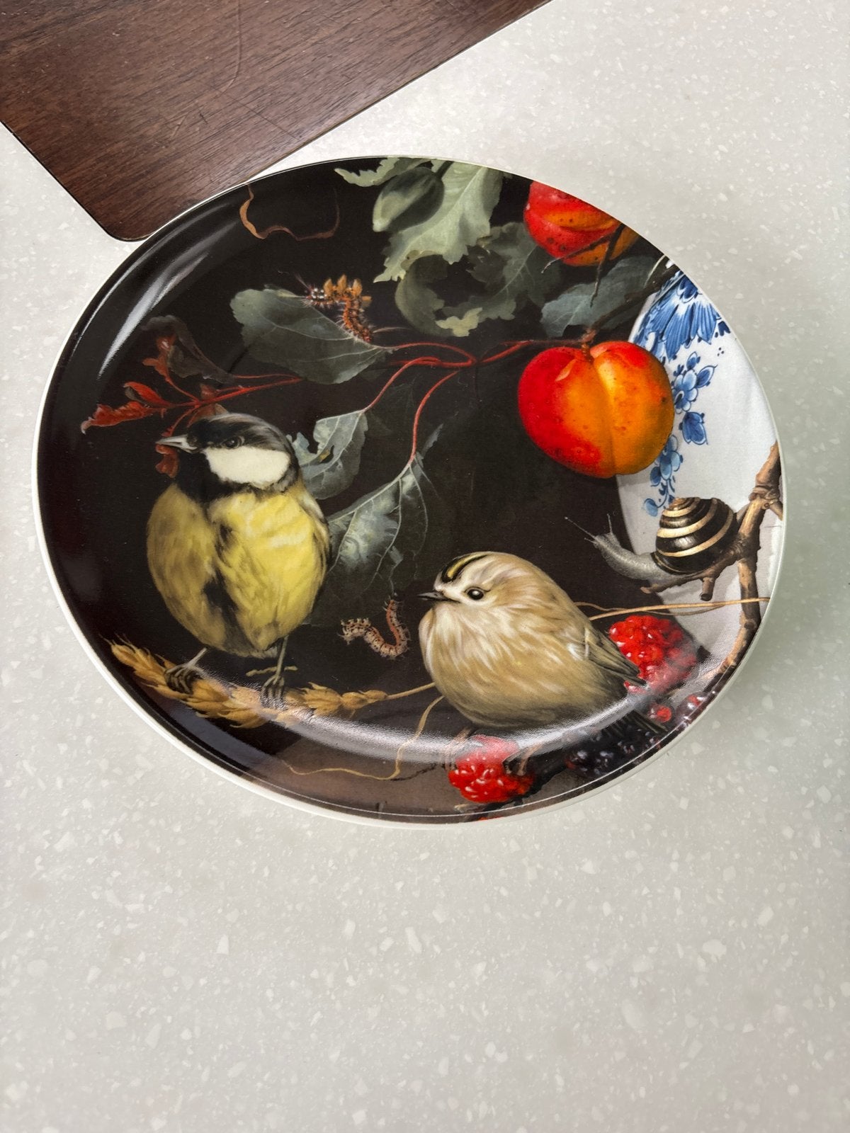 Heinen Delfts Blauw sierbord met vogels en fruit, Antiek en Kunst, Antiek | Wandborden en Tegels, Ophalen of Verzenden