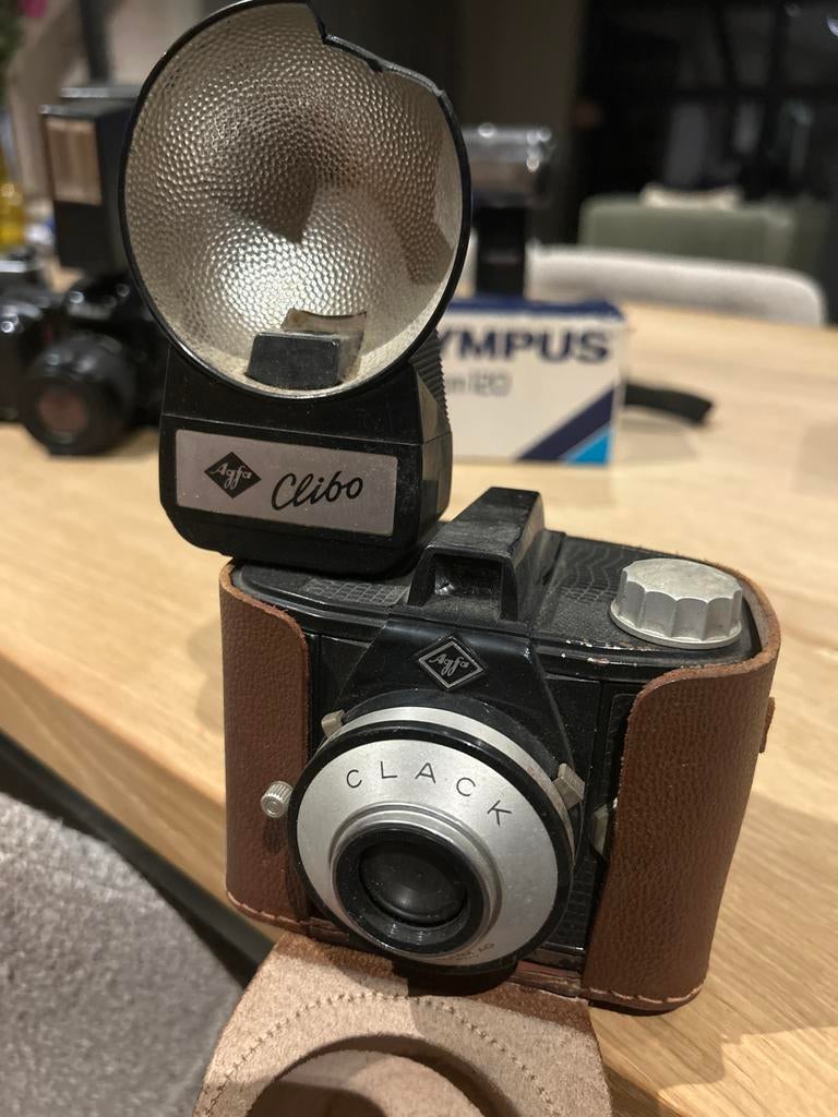 Vintage Agfa Clack camera met Agfa Clibo flitser, Ophalen of Verzenden, Gebruikt, Compact, Overige Merken