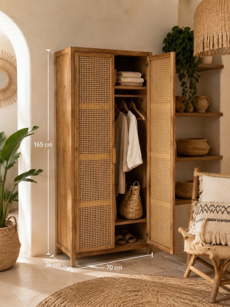 Boho Ibiza kast met rotan deuren – natuurlijke blikvanger, Huis en Inrichting, Ophalen, 50 tot 100 cm, Zo goed als nieuw, Minder dan 100 cm