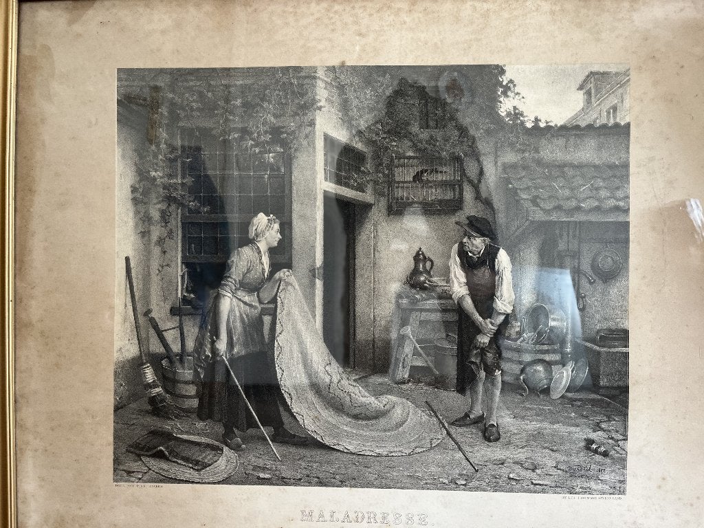 Print lithografie David Col 1872 Maladresse Florimond v Loo, Ophalen, Portret of Personen, Achter glas, Overige technieken