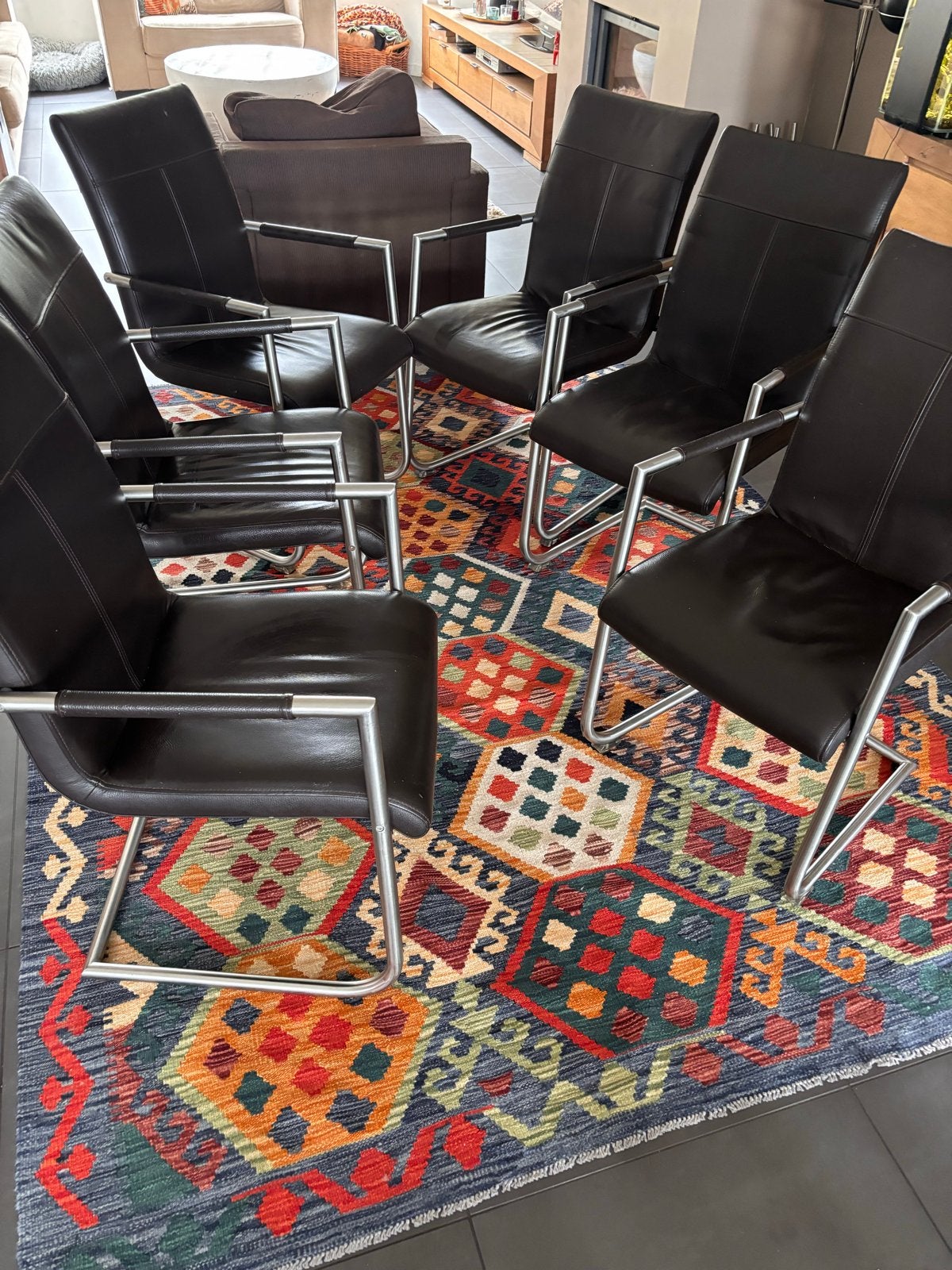 6 Henders & Hazel eetkamerstoelen, zwart leer, Ophalen, Gebruikt, Zwart, Leer
