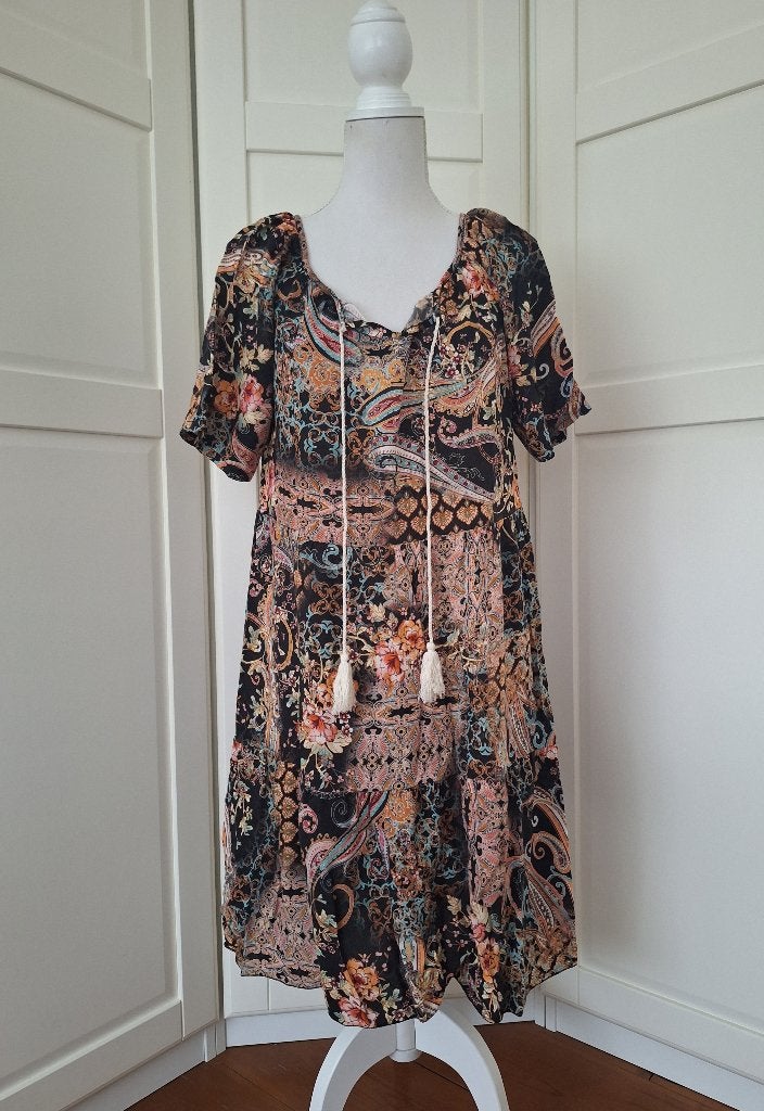 Gipsy hippie ibiza style zwarte print dunne zomer jurk L, Zwart, Maat 42/44 (L), Ophalen of Verzenden, Gedragen