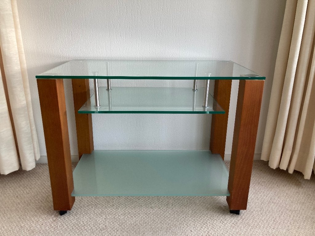 TVtafel computer laptop tafeltje met dik glas & houten poten, Ophalen, Strak modern, Glas, 50 tot 100 cm