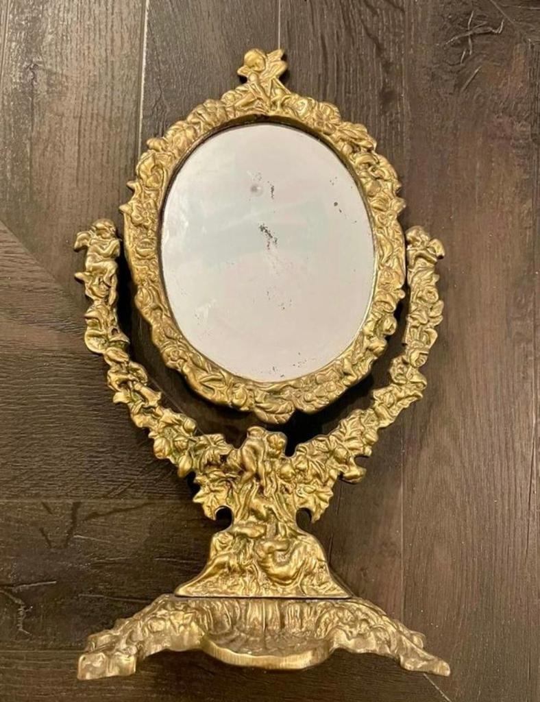 Prachtige Franse vintage tafelspiegel / kapspiegel - Brons, Ophalen of Verzenden, Ovaal, Minder dan 50 cm, Minder dan 100 cm