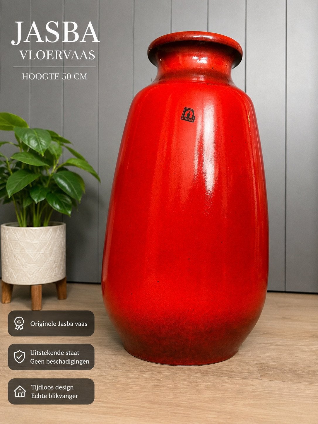 vintage Jasba vloervaas – 50 cm hoog - rood keramiek, Ophalen, Zo goed als nieuw, Rood