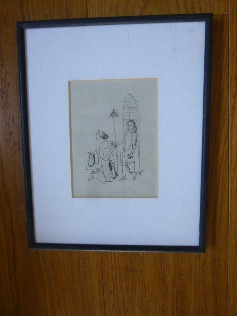 tekening op papier door Jan van Gemert 1950 ongeveer, Antiek en Kunst, Verzenden, Tekening, Pentekening, Achter glas