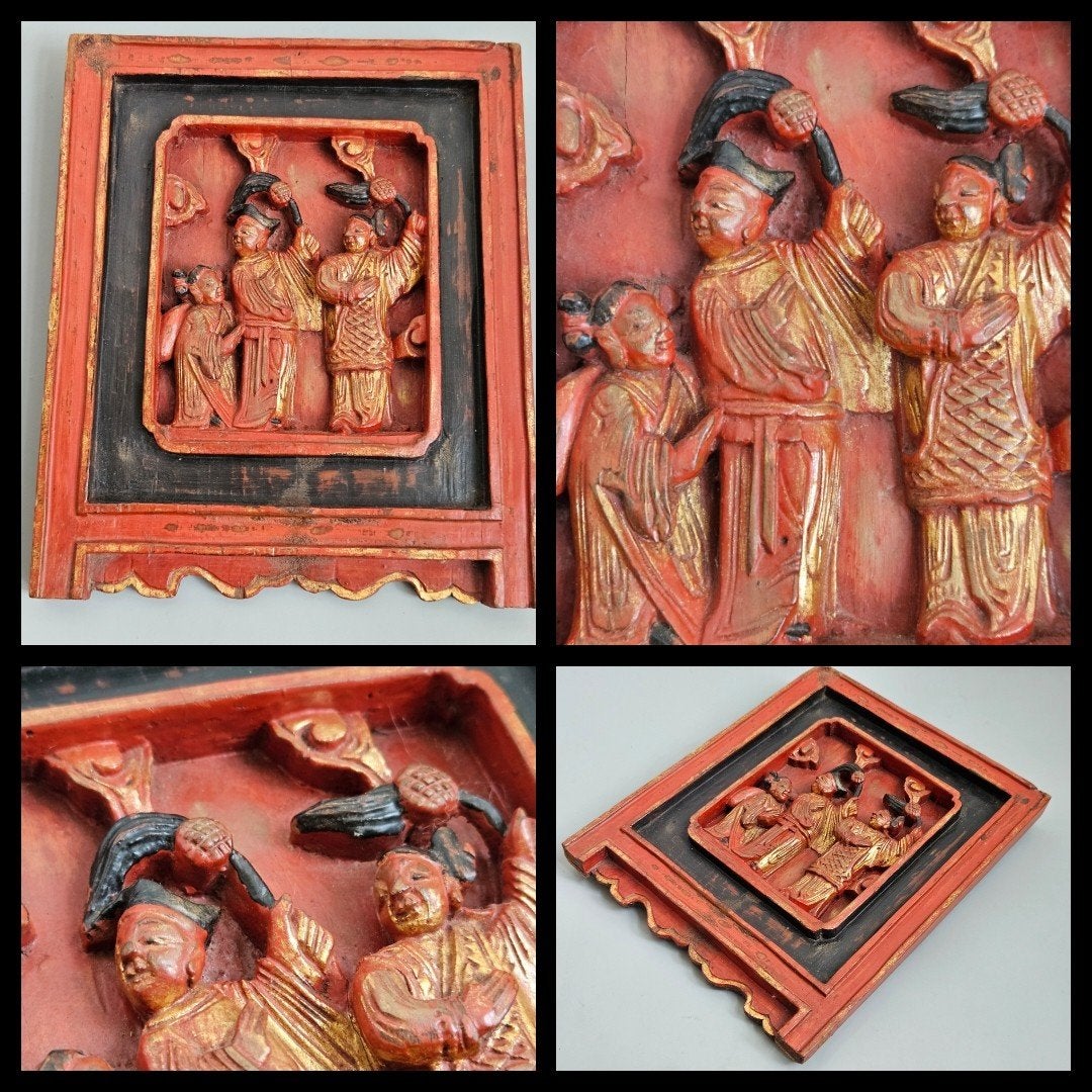 chinees houtsnijwerk, paneel in rood en zwart gelakt., Hout, Handgemaakt, Ophalen of Verzenden, China