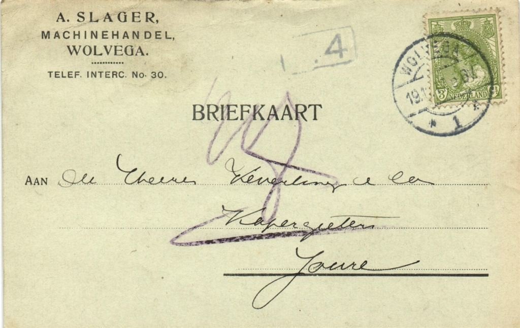 A. Slager, Machinehandel, Wolvega - 11.1917 - briefkaart, Ophalen of Verzenden, Briefkaart