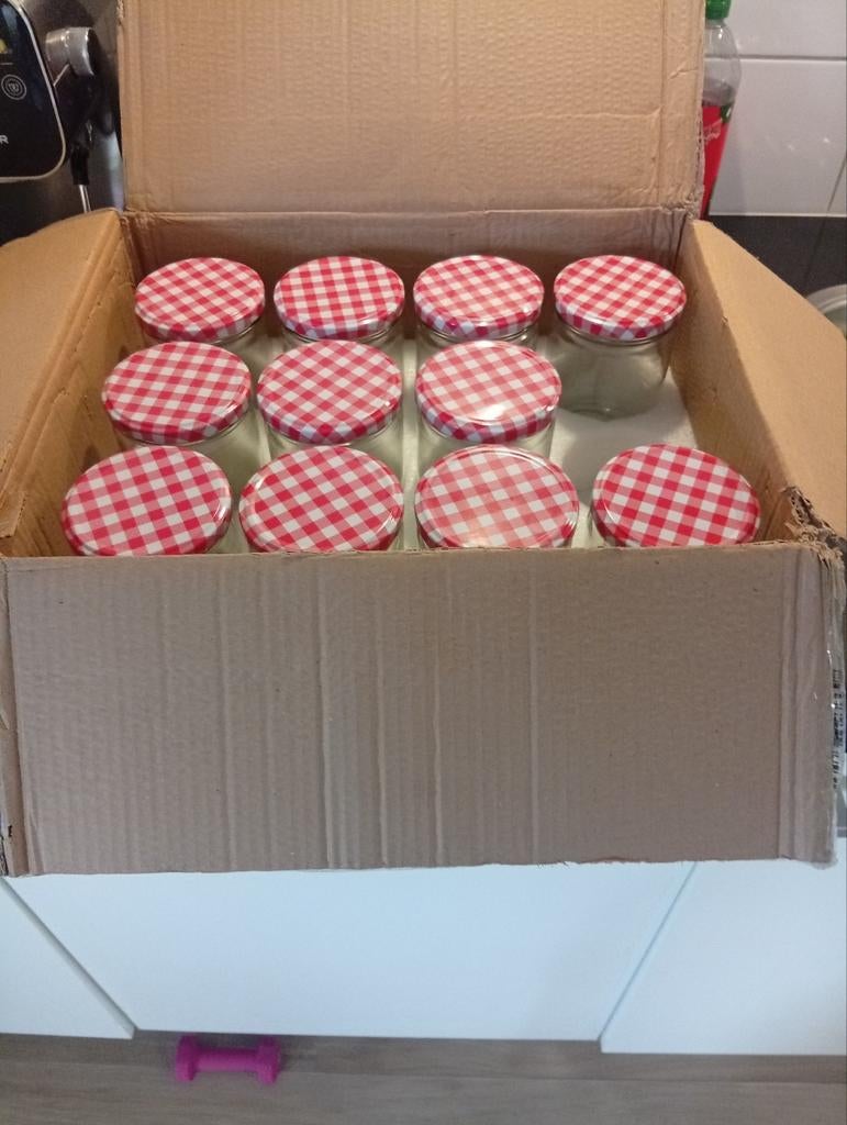 Nieuwe wekpotten set - 11 stuks met rood-wit geruite deksels, Glas, ., Nieuw, Ophalen of Verzenden