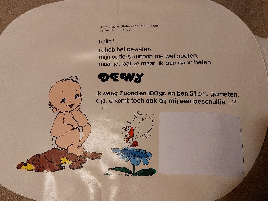 Geboortekaartje placemat, Ophalen of Verzenden, 1980 tot 1990, Geboortekaartje
