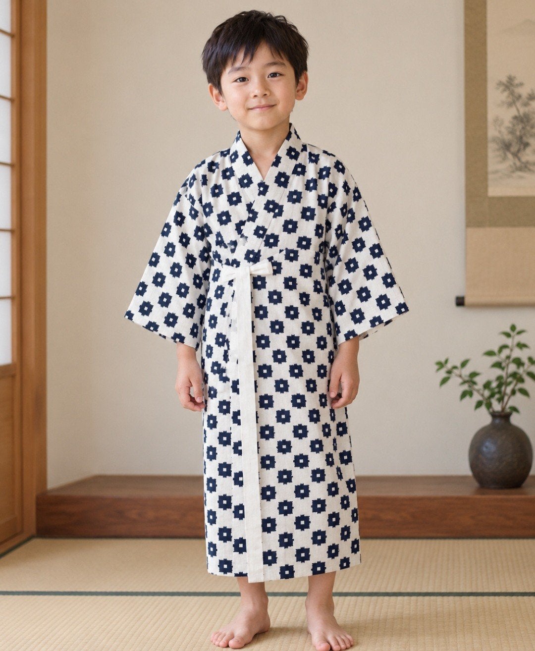 Vintage Japanse jongens kimono / yukata – wit donkerblauw –, Ophalen of Verzenden, Jongen, Trui of Vest