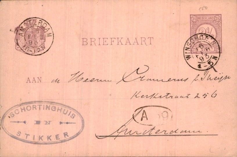 Stikker - Schortinghuis - Winschoten - 1893, Ophalen of Verzenden, Voor 1920, Gelopen, Groningen