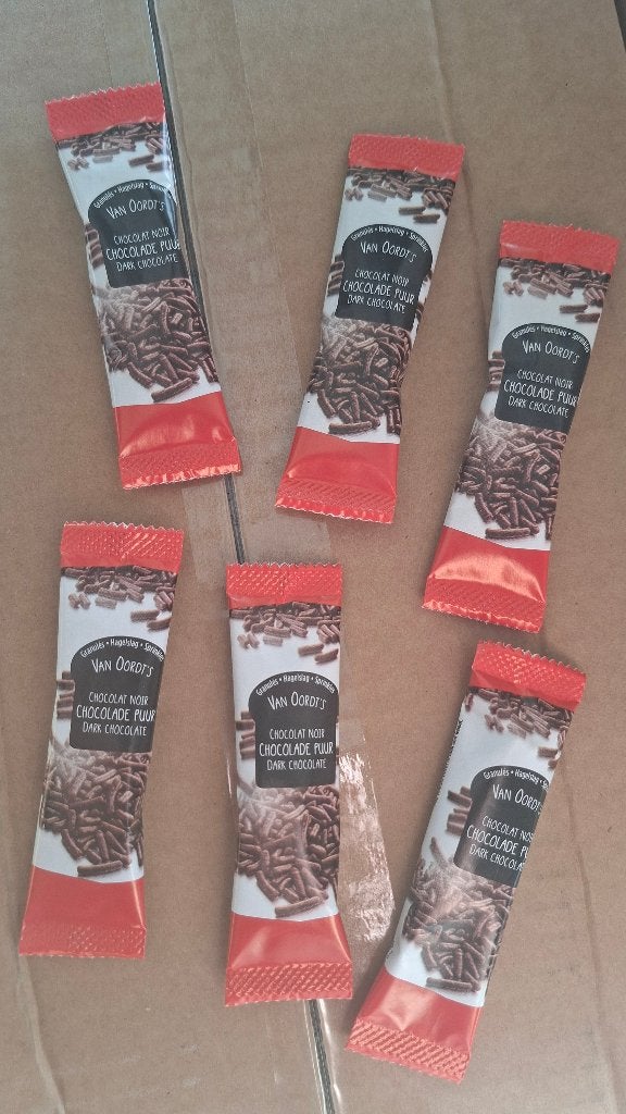 8 dozen Van Oordt zakjes Chocoladehagelslag Puur, Ophalen of Verzenden