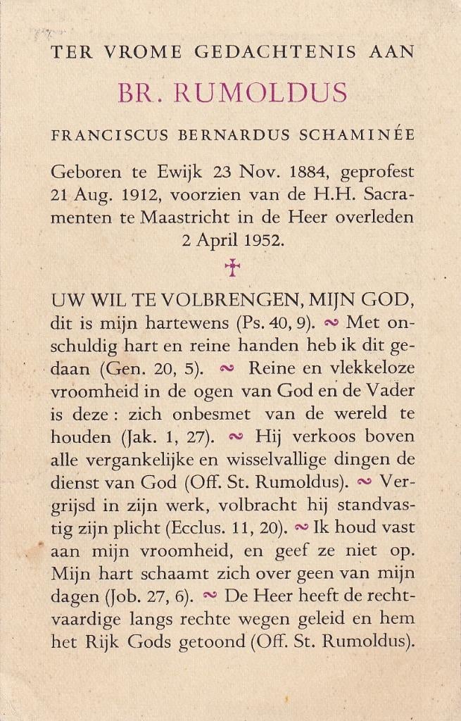Schaminée 1884 Ewijk 1952 Maastricht priester, Ophalen of Verzenden, Bidprentje