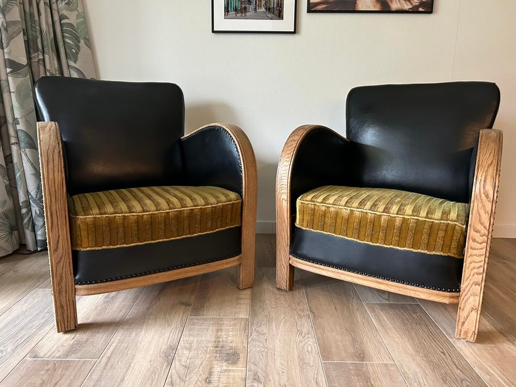 Art Deco fauteuils set zwart/groen/hout, Ophalen, Zo goed als nieuw, 50 tot 75 cm, Leer