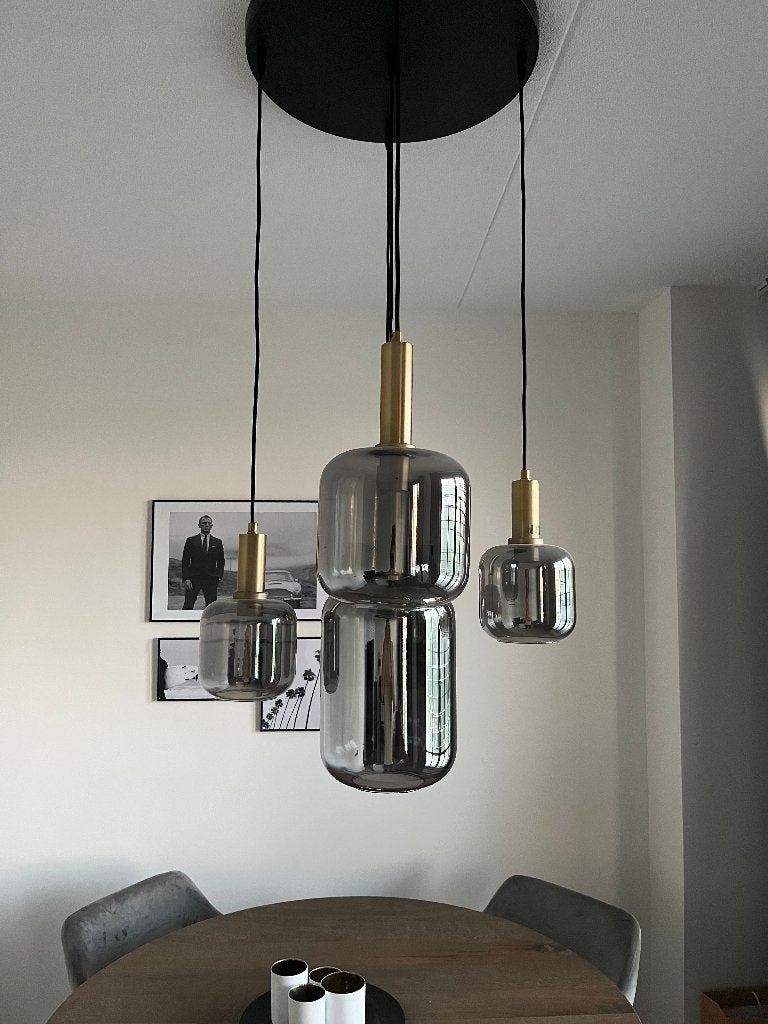 Hanglamp zwart met goud met smoke glas 5-lichts, Ophalen, Zo goed als nieuw, Glas, E27 (groot)