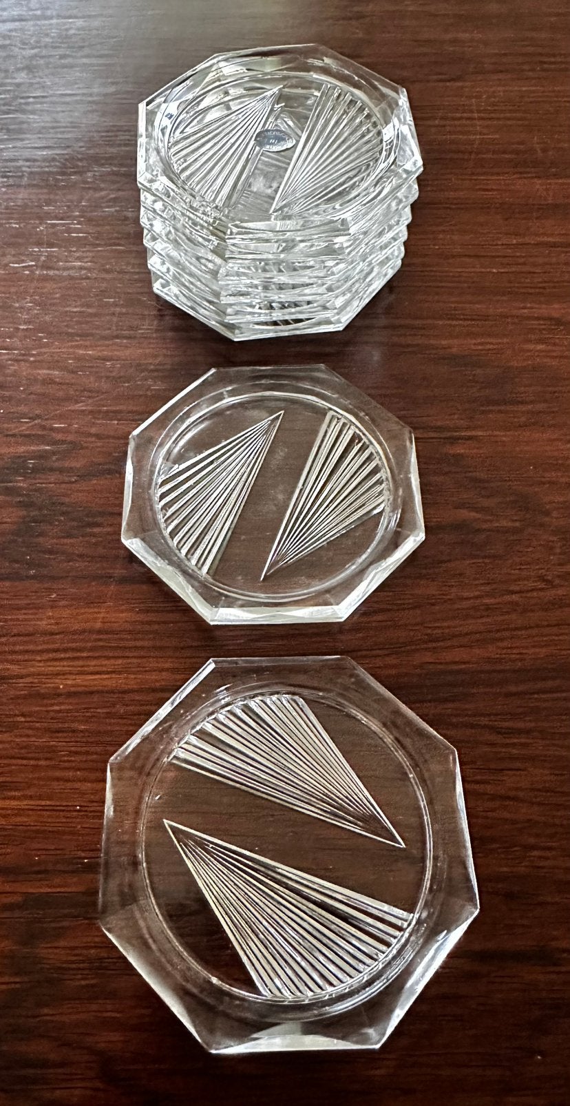 Vintage glazen onderzetters 8 stuks, Gebruikt, Glasonderzetter, Stapelbaar, Ophalen of Verzenden