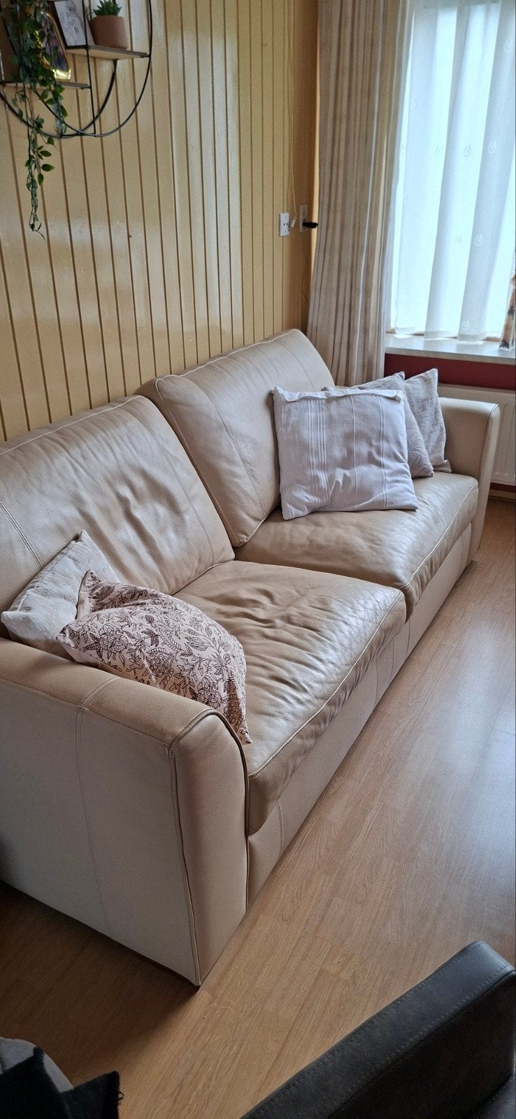 Comfortabele 3-zits leren bank - Beige, Ophalen, Modern, Comfortabel, Gebruikt, Driepersoons