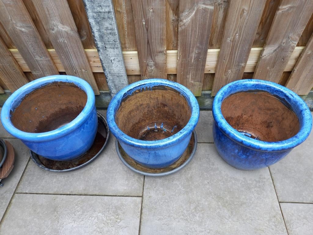 3 Blauwe bloempotten incl. 3 schalen, Tuin en Terras, Ophalen, Rond, Zo goed als nieuw, Minder dan 40 cm