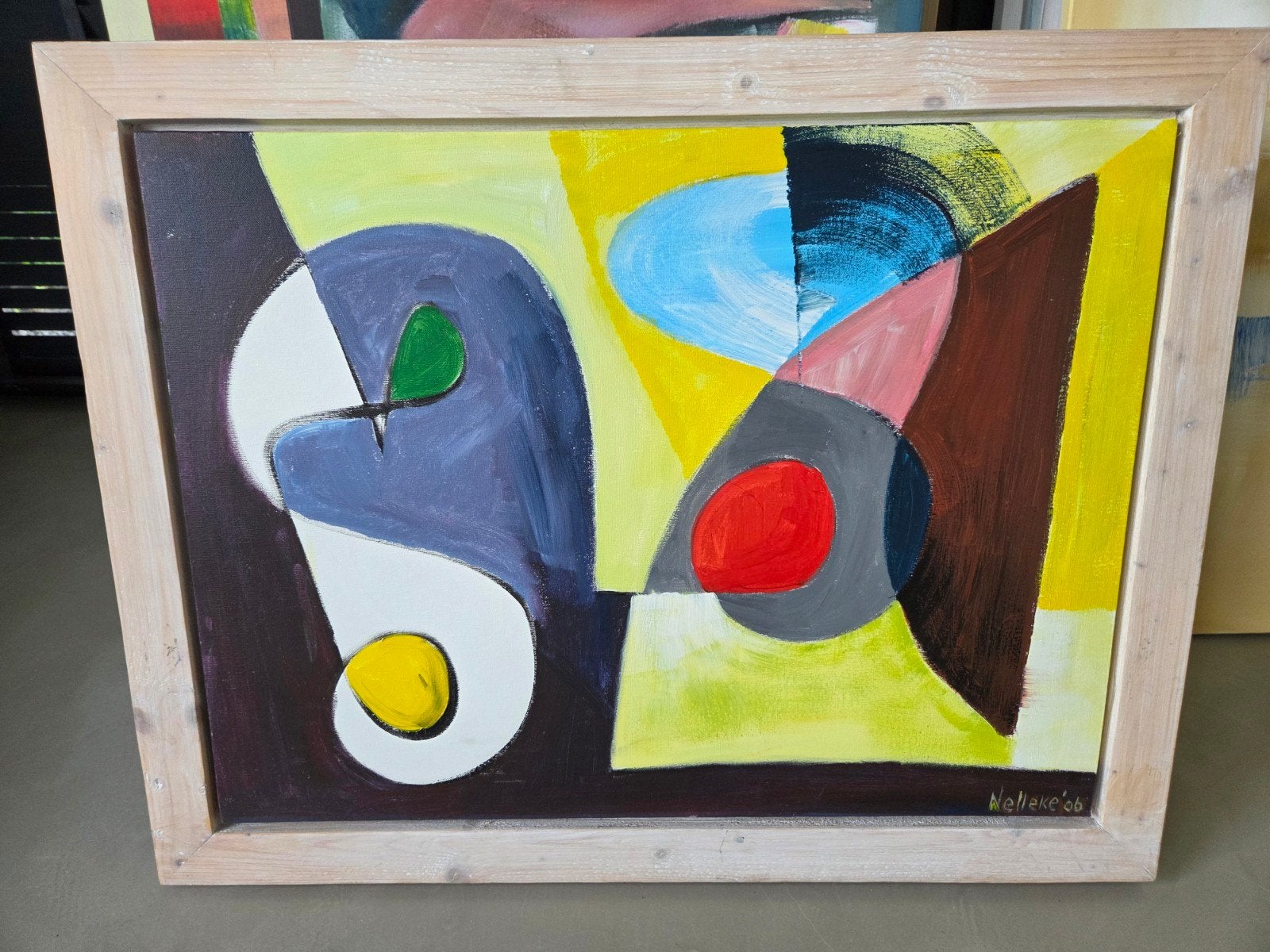 Expressionistisch Schilderij 93 bij 73 cm met houten lijst, Ophalen