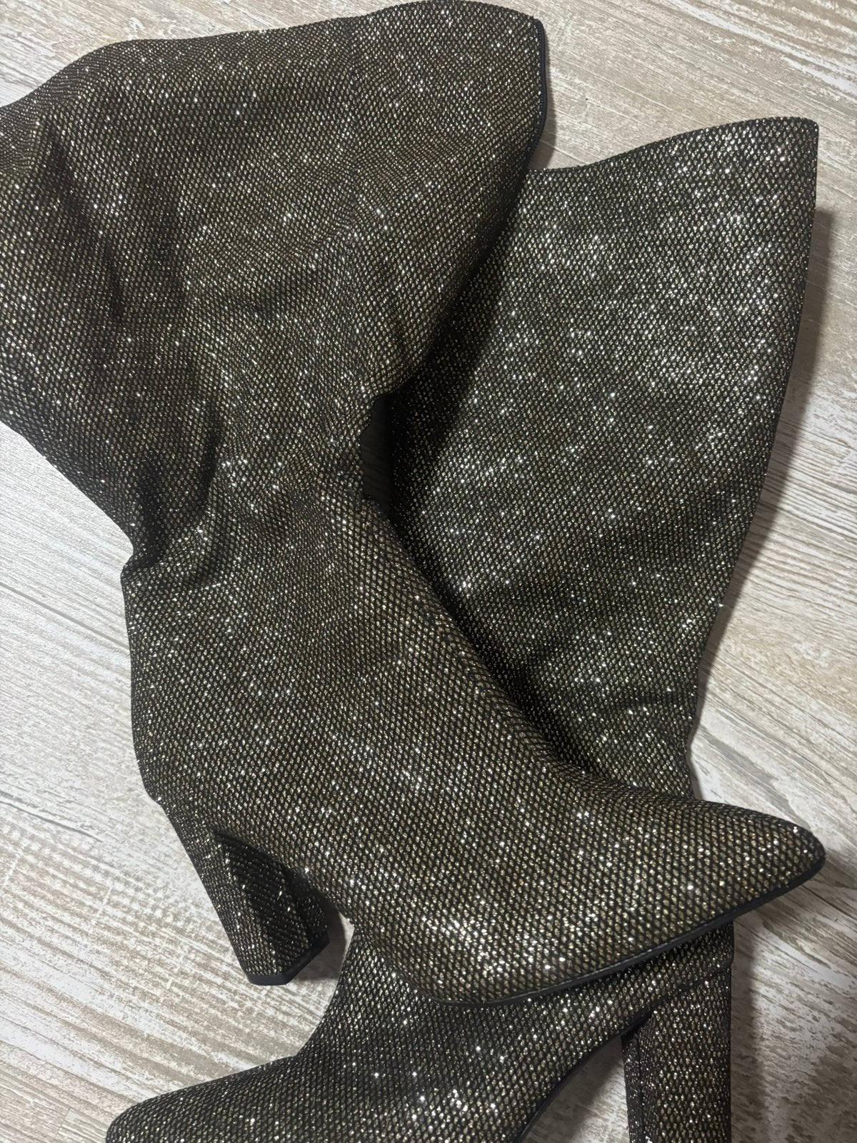 Goude glitter laarzen, Kleding | Dames, Schoenen, Hoge laarzen, Overige kleuren, Ophalen of Verzenden, Zo goed als nieuw