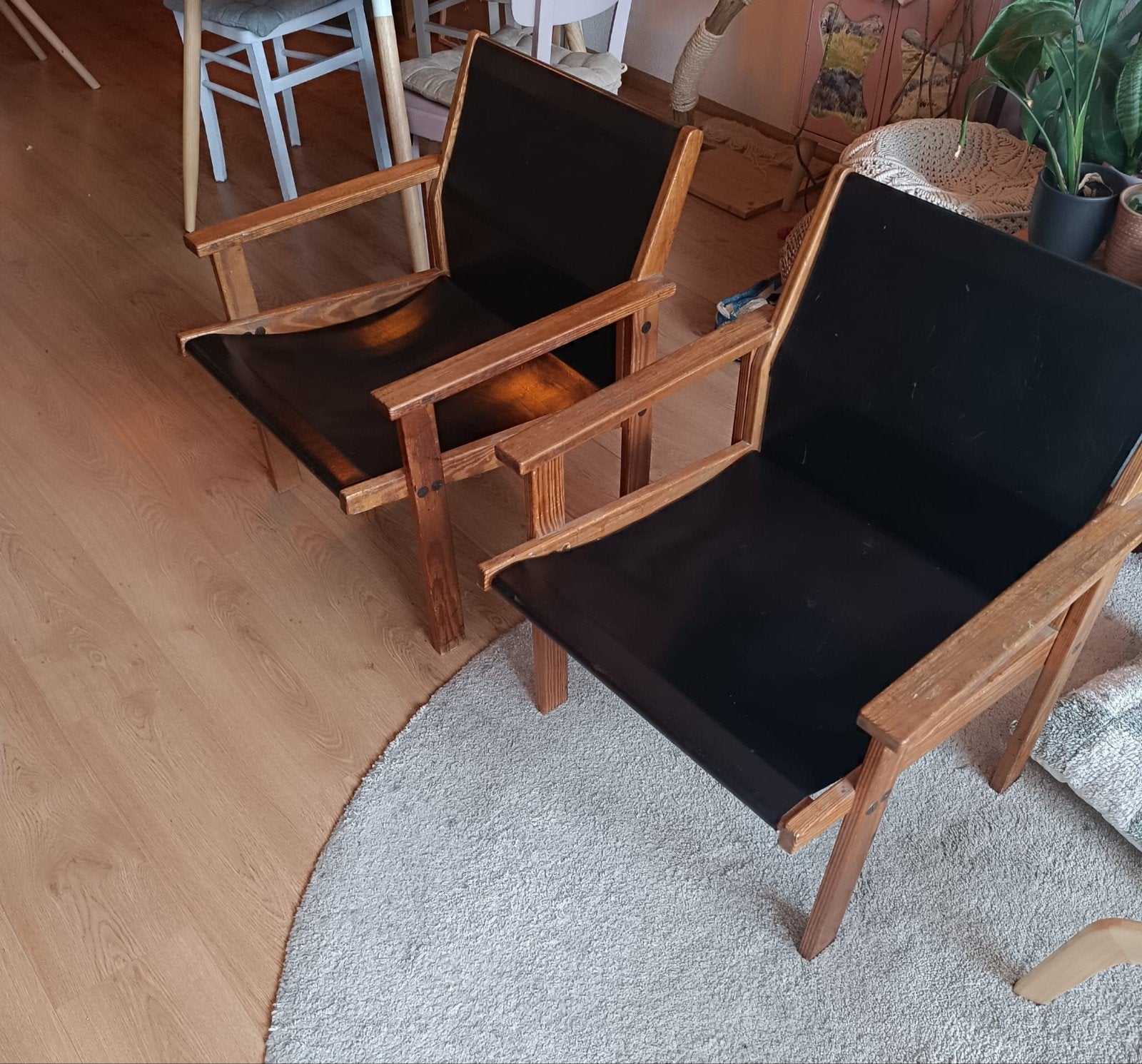 Vintage brutalist zwart leren sling-stoelen, Ophalen, Gebruikt, Twee, Zwart