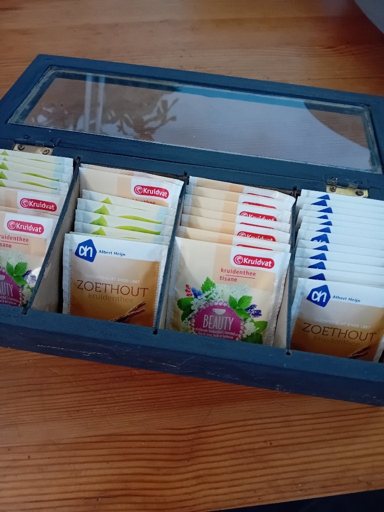 Theedoos, Ophalen, Gebruikt, Hout, Meerkleurig